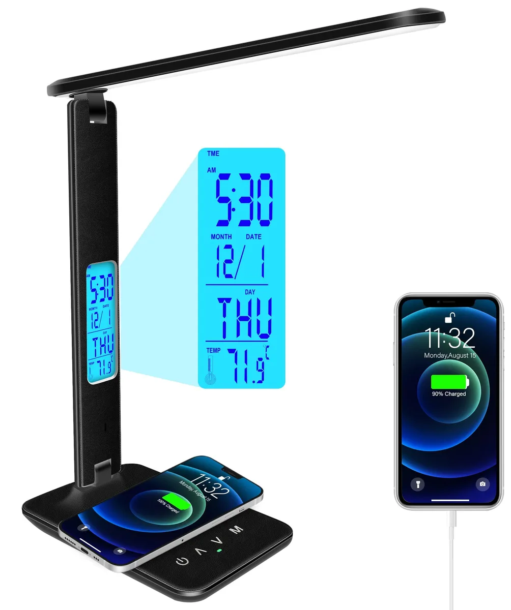 Foldable rectangular desk lamp with polished finish, wireless charging pad and digital clock display