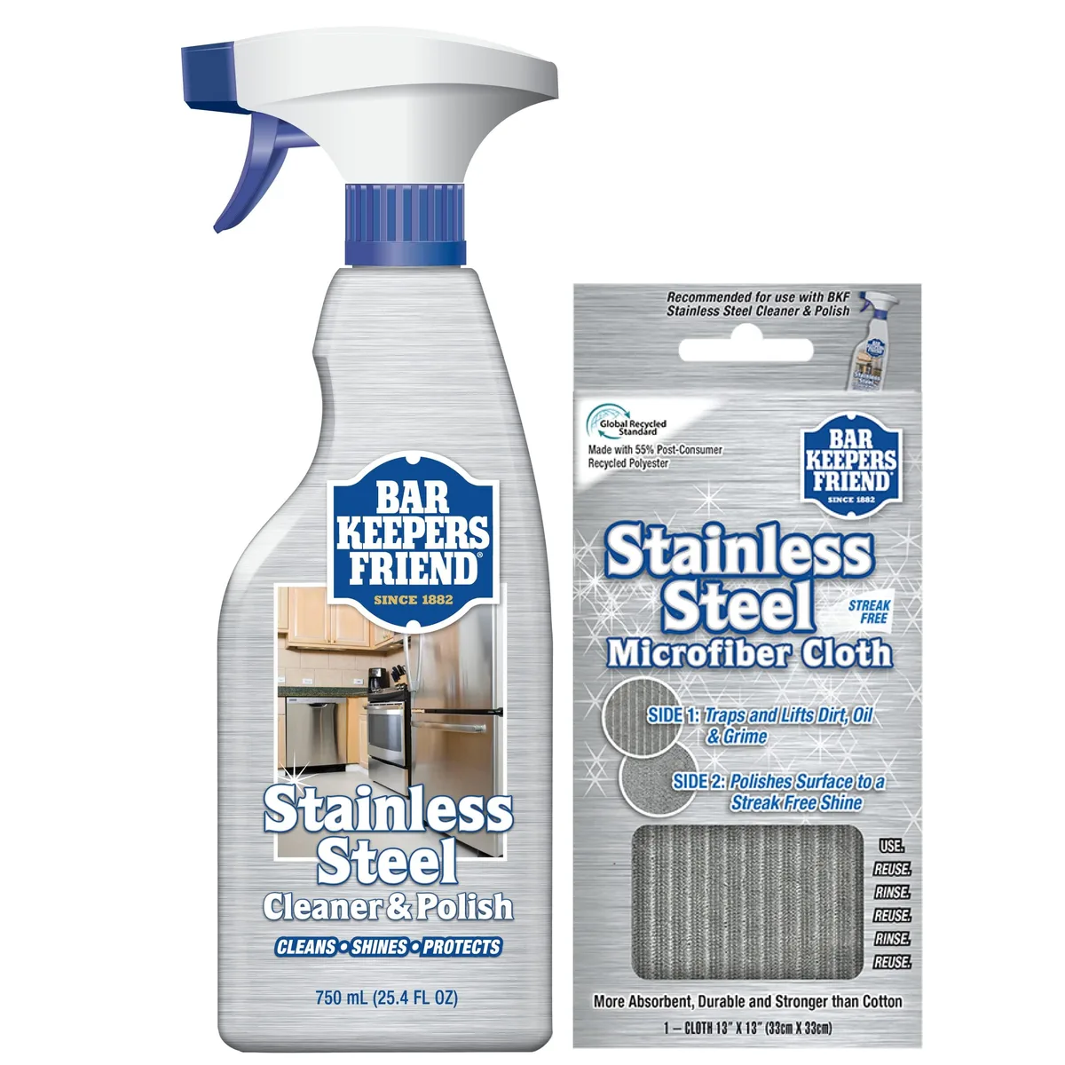 Bar Keepers Friend Stainless Steel Cleaner Spray 25.4 oz + Microfiber Cloth — product photo