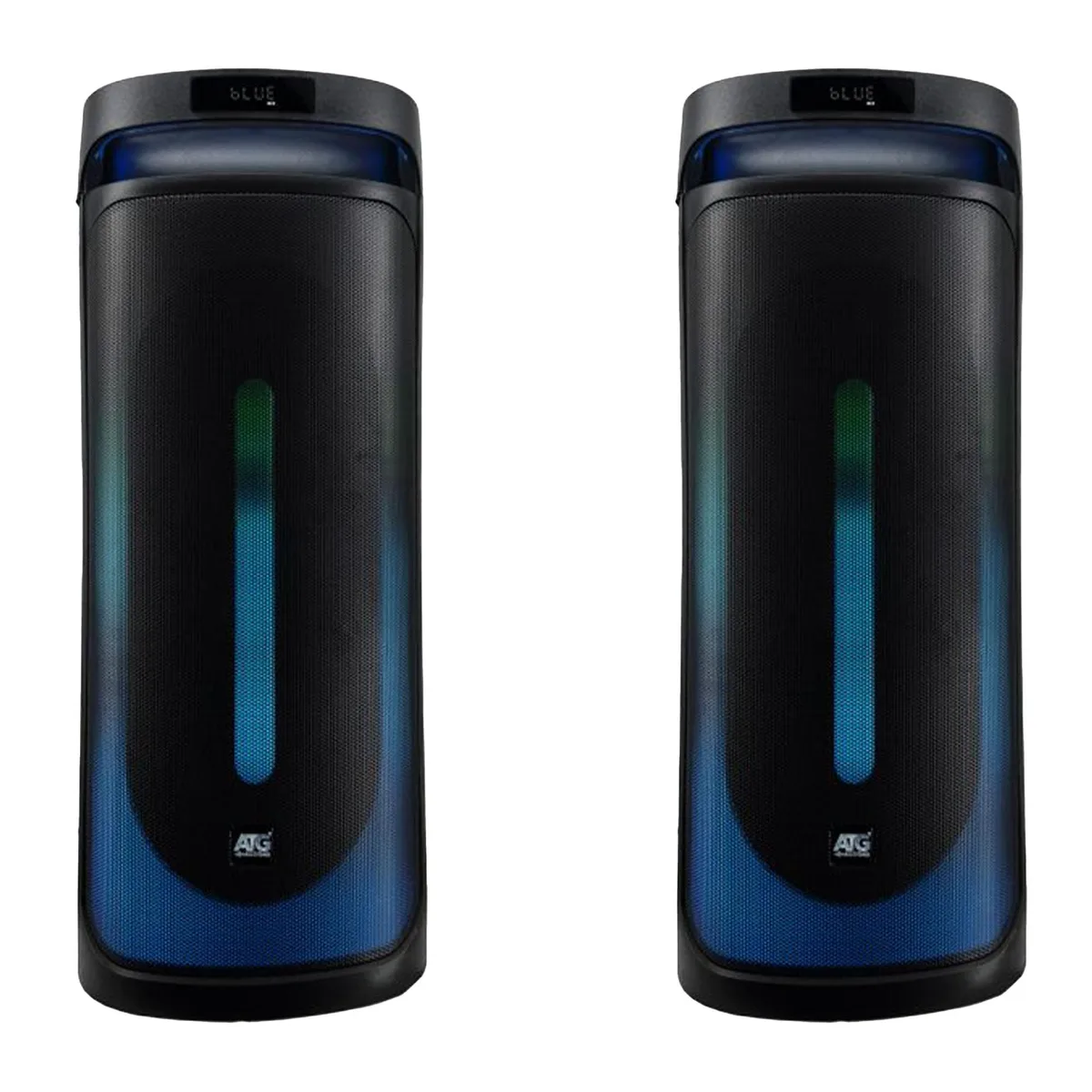 Two black rectangular 6.5 inch Bluetooth party speakers with LED lighting