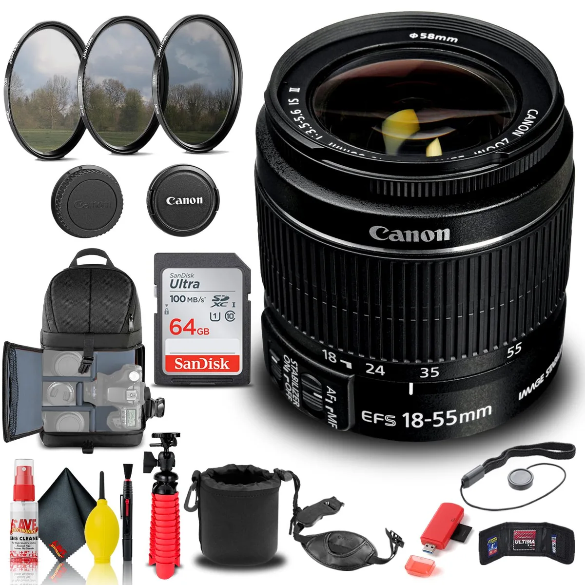 Canon Canon EF-S 18-55mm f/3.5-5.6 IS II Lens Kit with Filter, Backpack, 64GB Card (2042B002) — product photo