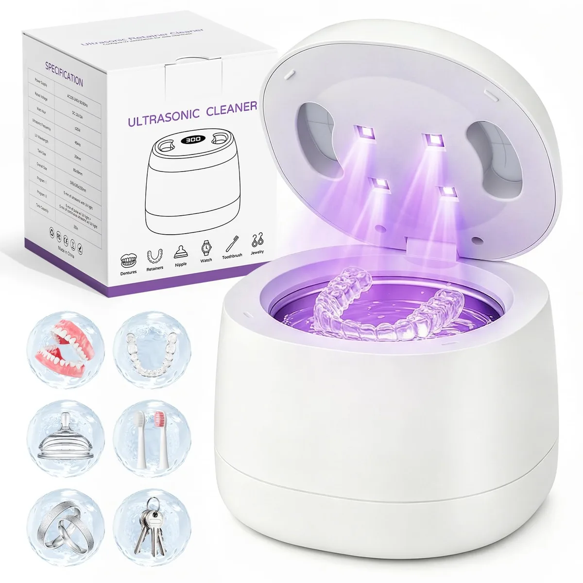 White rectangular ultrasonic cleaner pod with digital timer display and lid open showing stainless steel tank