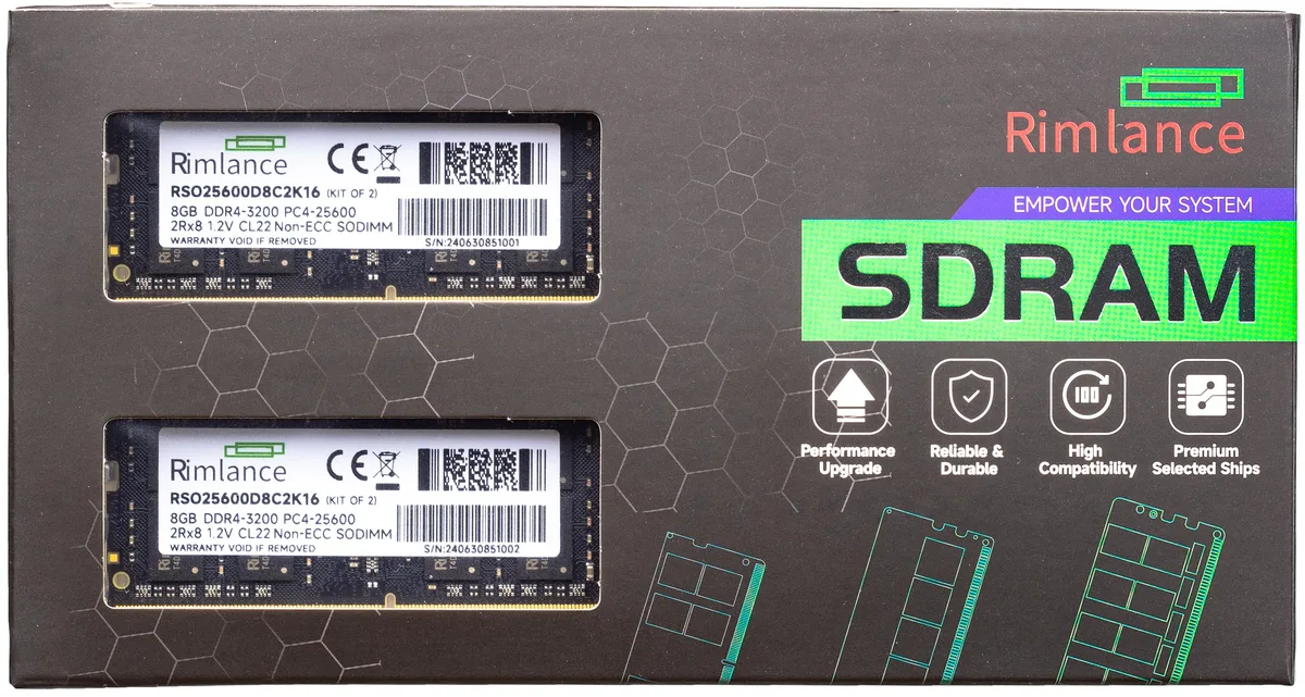 RIMLANCE RIMLANCE RSO25600D8C2K16 16GB (2×8GB) DDR4 3200 CL22 1.2V 260-pin SODIMM 2Rx8 — product photo