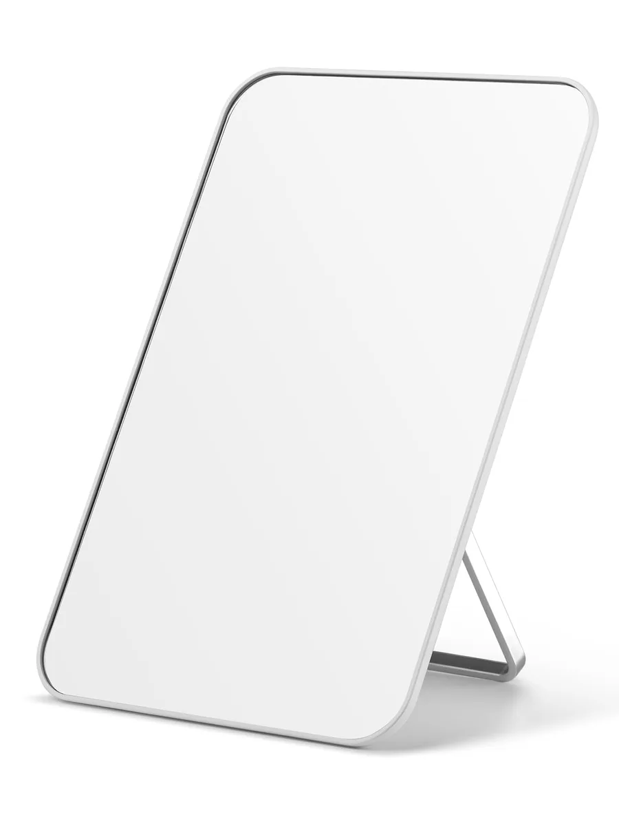 White rectangular tabletop mirror with foldable stand and hanging hole, ABS frame