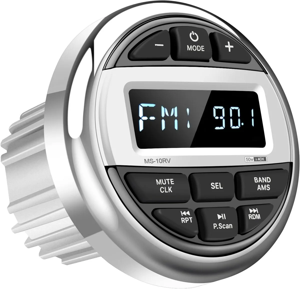 Round marine stereo with 2.5 inch LCD display, IPX5 water resistant finish, 2.75 inch cutout size