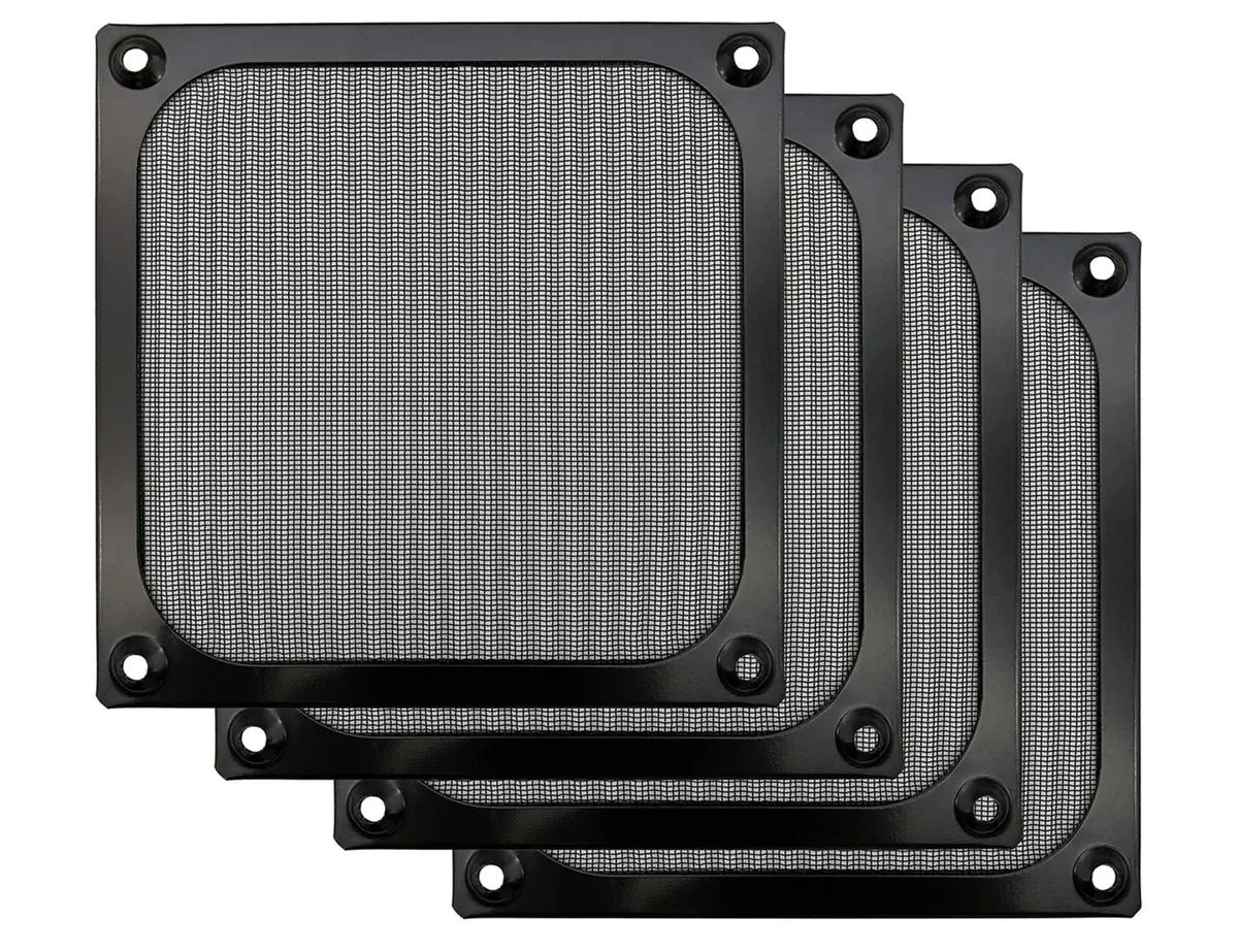 Four black 120 mm fan filter grills with thickened aluminium frames and wavy stainless steel mesh, plus 16 screws