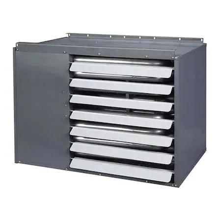 Rectangular metal gas unit heater, ceiling-mounted, grey finish