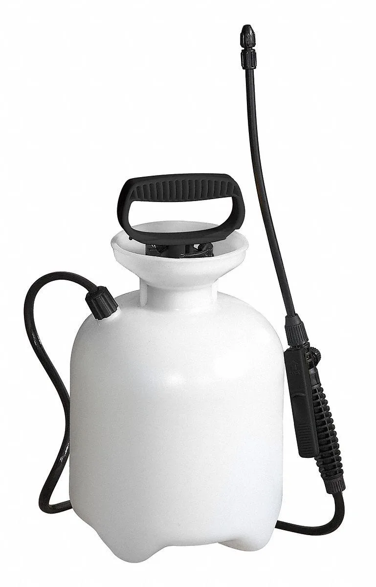 White polyethylene tank sprayer with black wand and hose