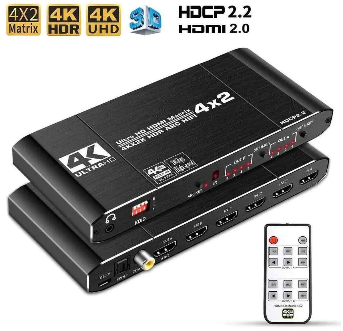 SMUGDESK SMUGDESK 4x2 HDMI 2.0 Matrix Switch Splitter 4K@60Hz HDR 18Gbps ARC Audio Extractor — product photo