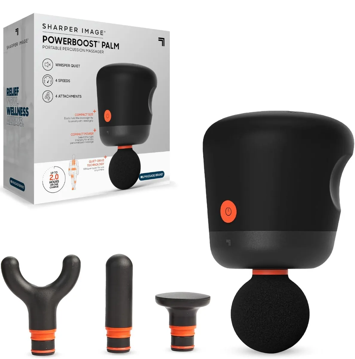 Compact black handheld massage gun with four interchangeable attachment heads
