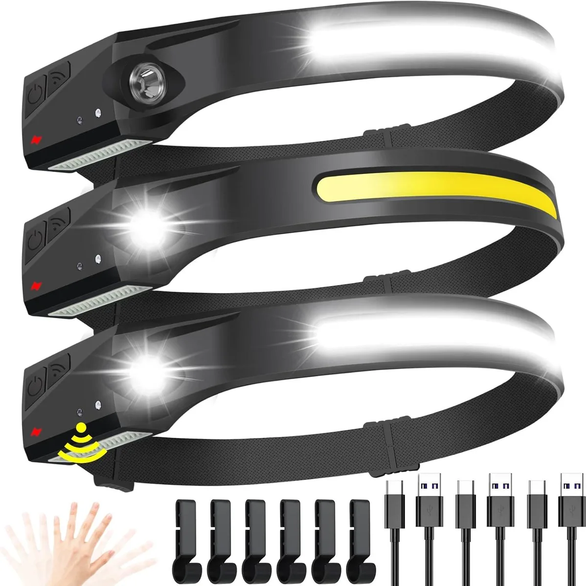 Three lightweight headlamps with wide front lenses and adjustable elastic headbands