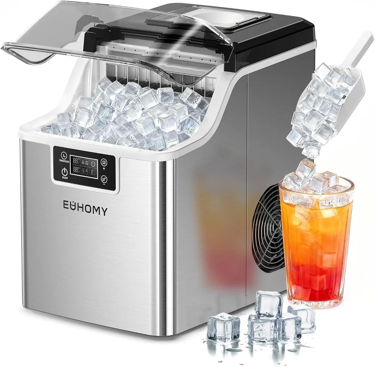 Silver countertop ice maker with LCD display and ice basket