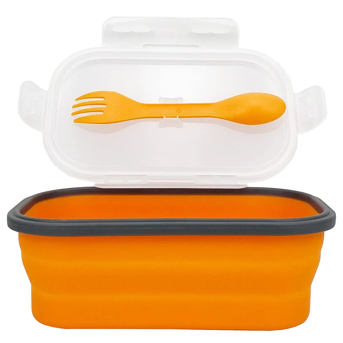 Collapsible silicone food container with airtight lid and 2-in-1 fork, expanded 20.5 x 13 x 7.5 cm, folds to 3.2 cm height