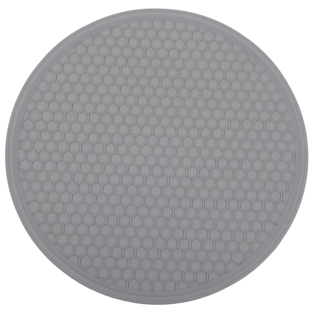 Grey silicone mat with honeycomb pattern and raised edges, 9.8 inch diameter