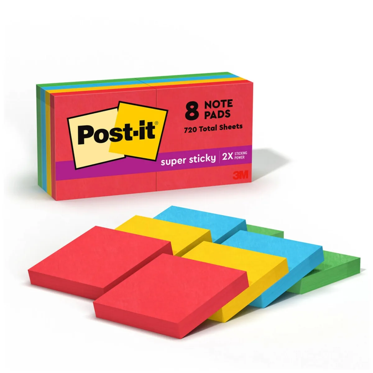Eight square neon sticky note pads in a cardboard carton