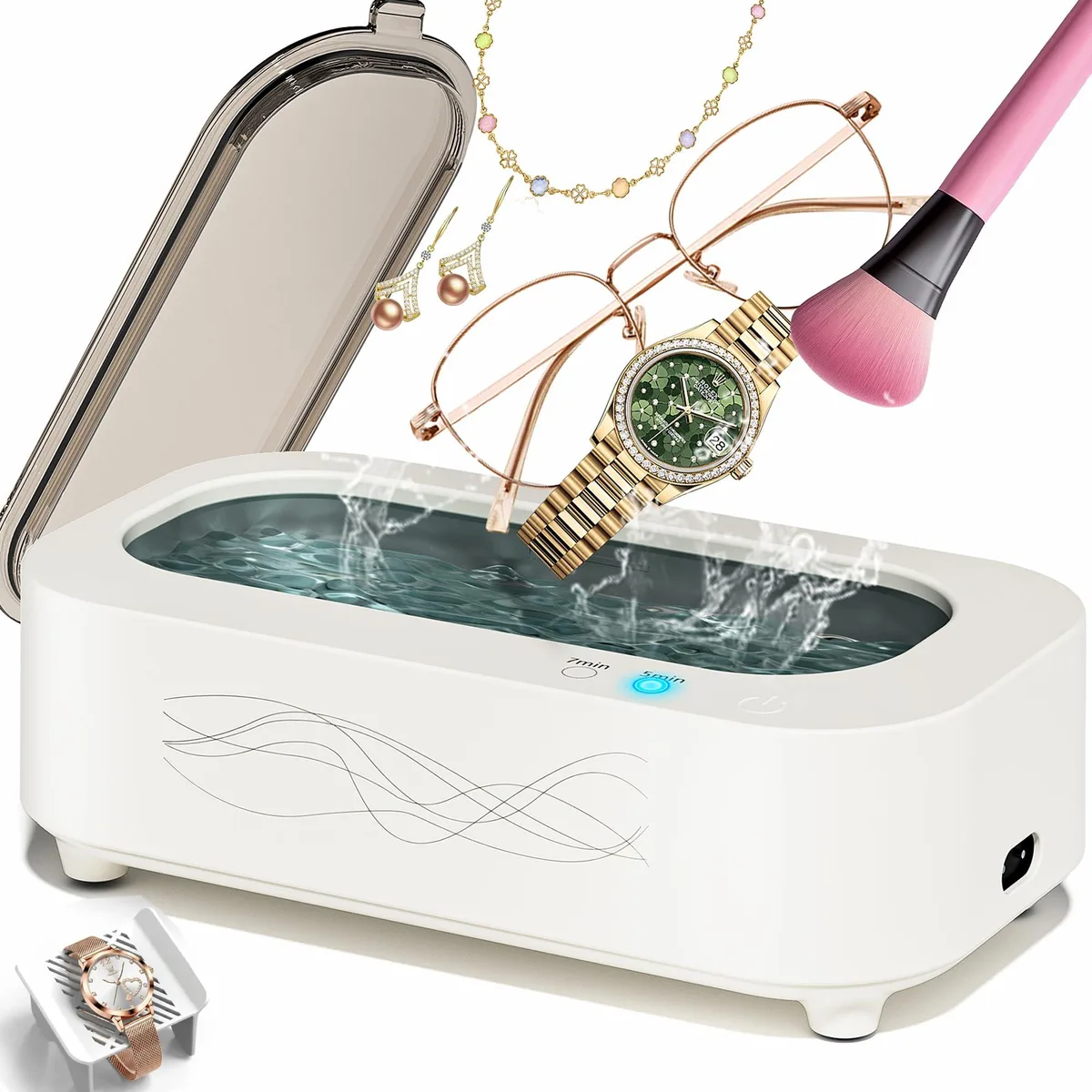White rectangular ultrasonic cleaner with stainless steel tank and single control button