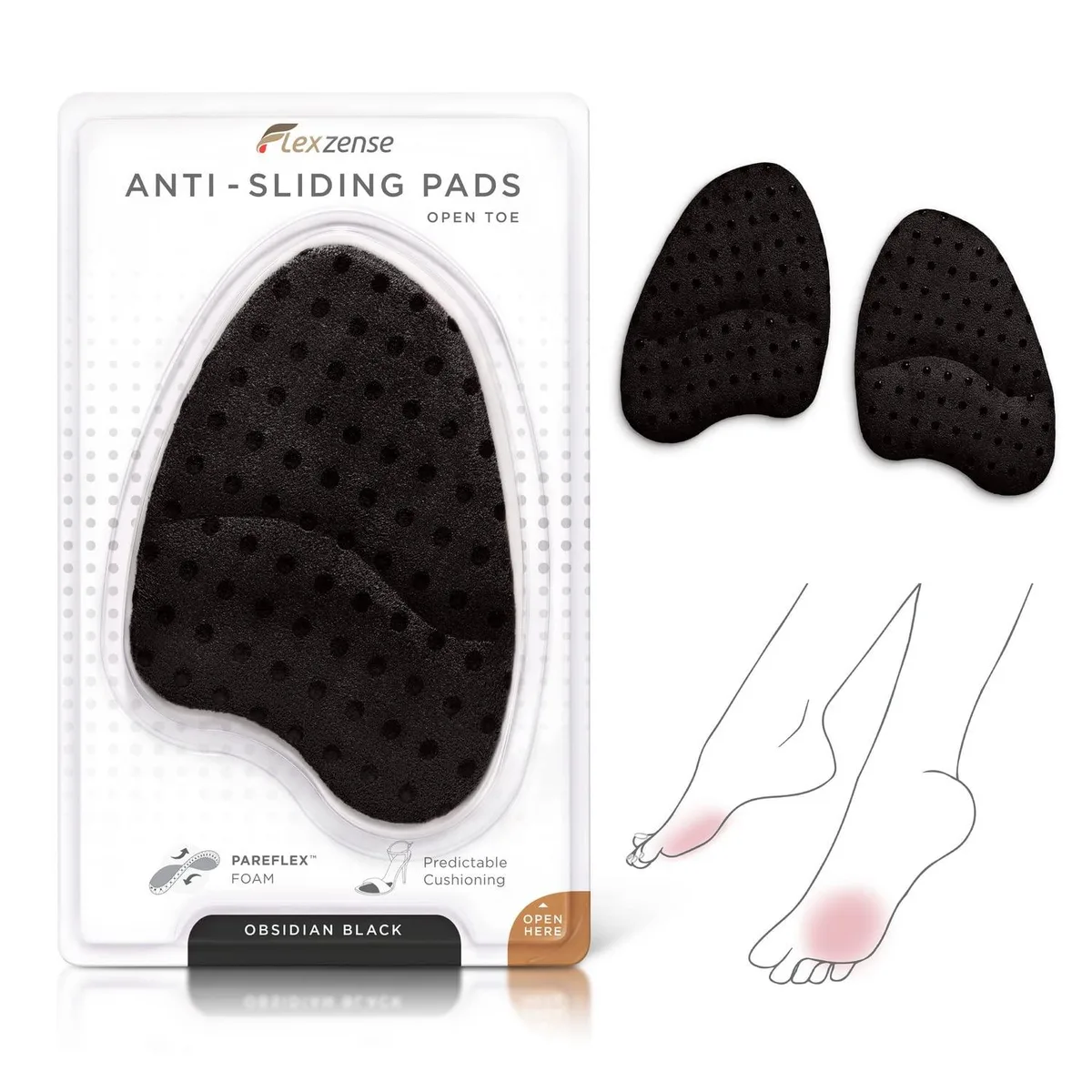 Pair of black open-toe anti-slip shoe inserts with rounded cushioning and adhesive backing
