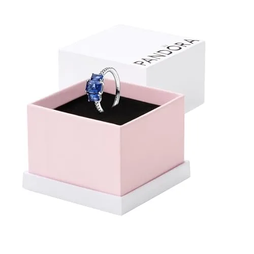 Sterling silver ring with three rectangular blue crystals and clear pavé band