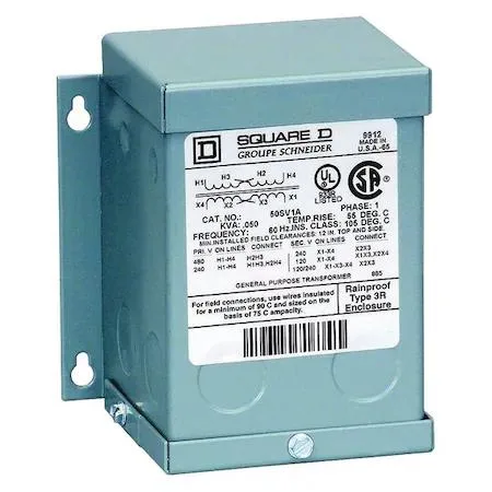 Grey metal NEMA 3R enclosure wall mounted transformer