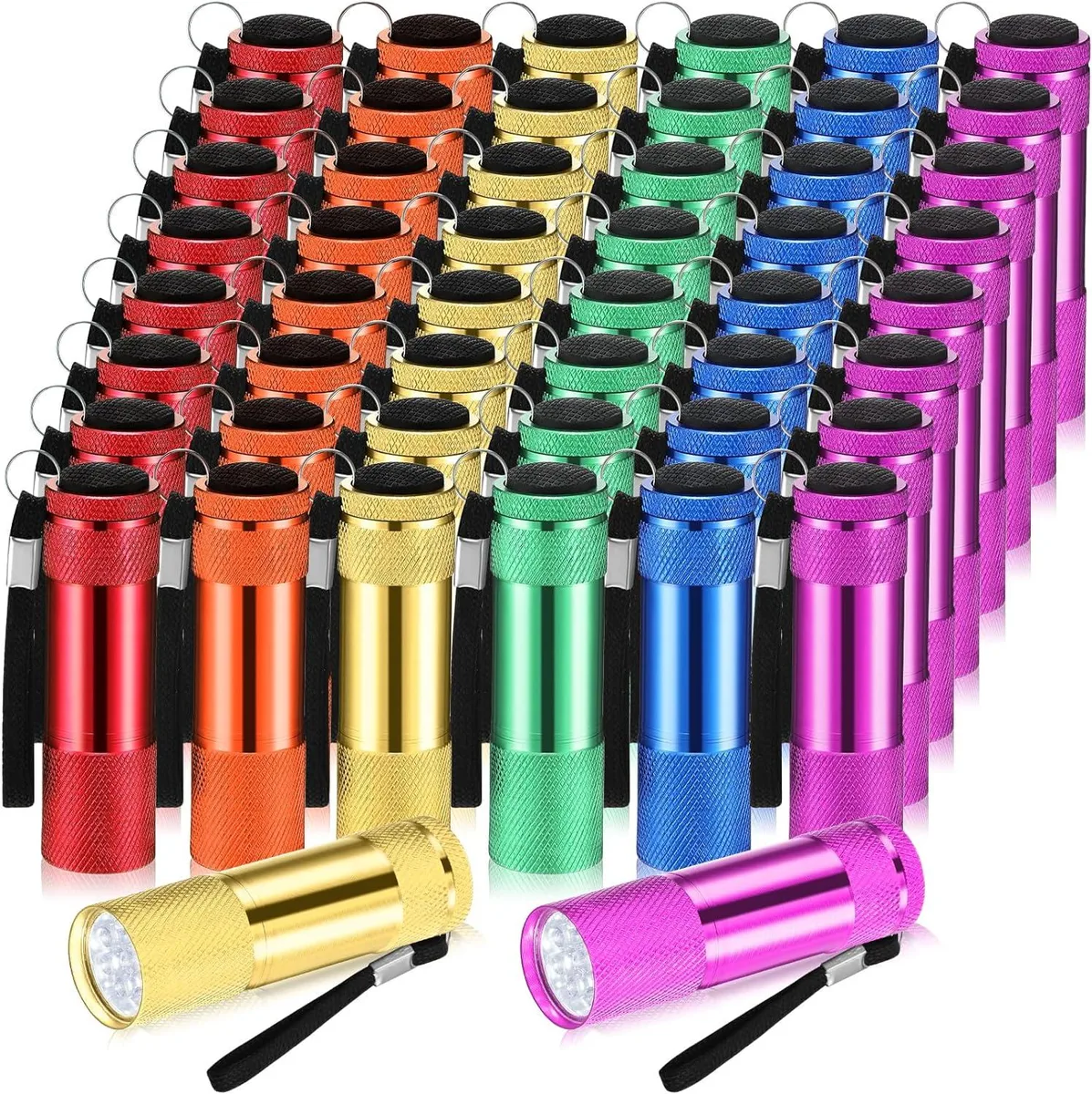 Forty-eight silver aluminium mini flashlights with lanyards, each about 3.15 by .94 inches
