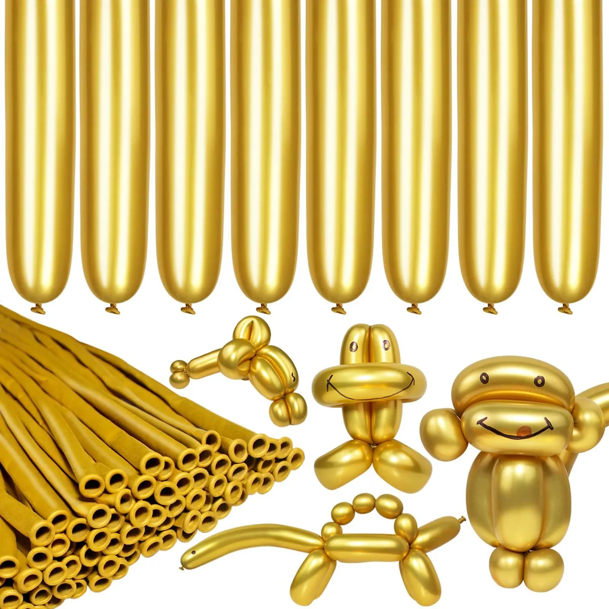 Pack of 100 metallic gold long twisting balloons, rubber finish, new condition