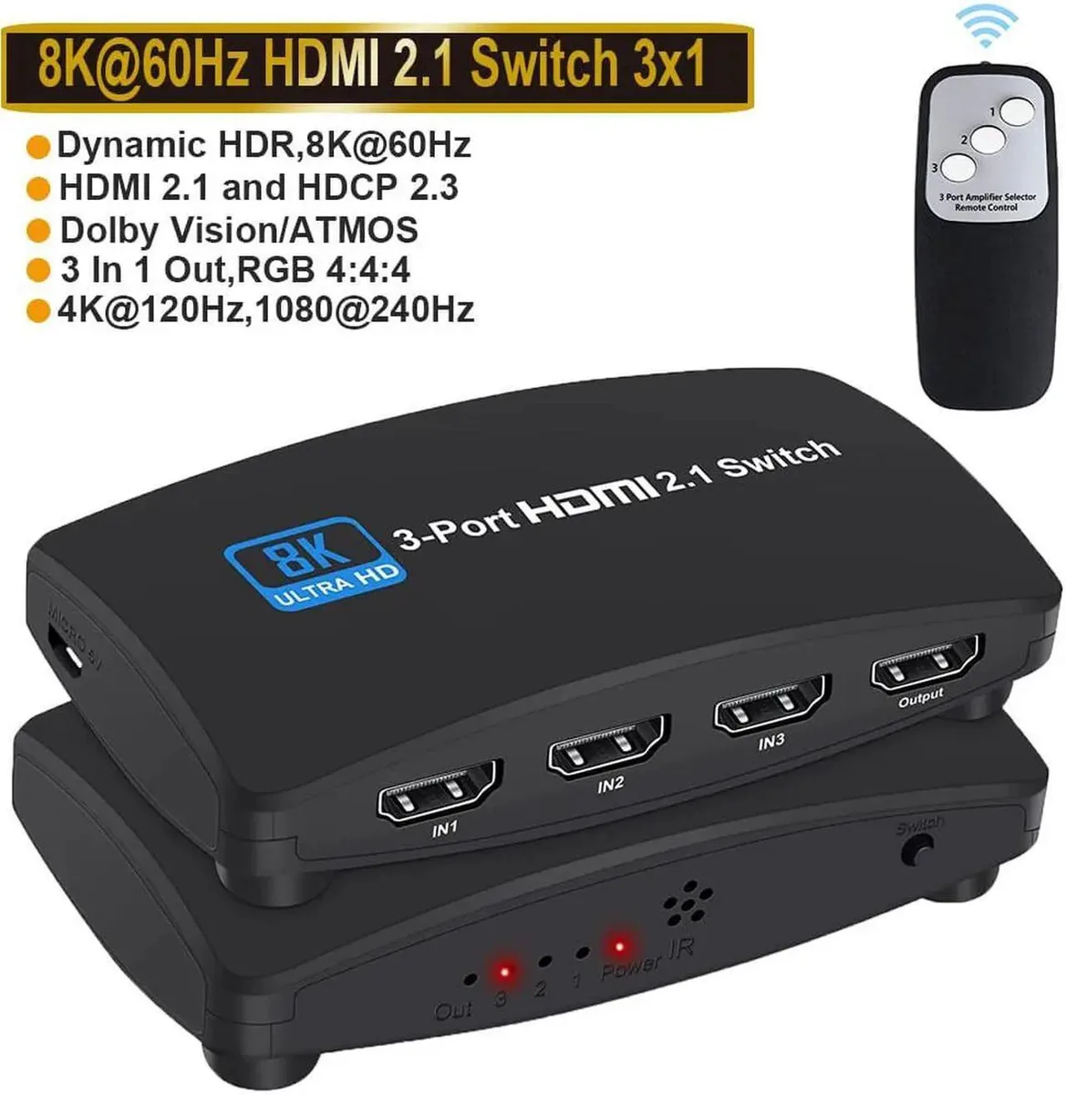 Small black rectangular HDMI switch with three inputs one output LED indicators and IR remote
