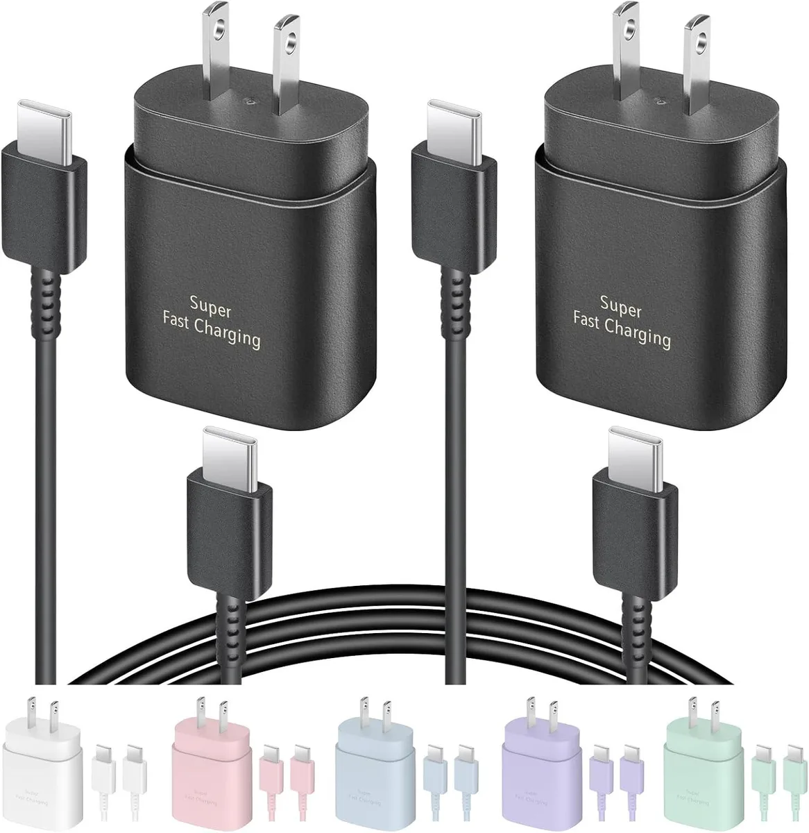 Two white USB-C wall chargers with matching six-foot cables