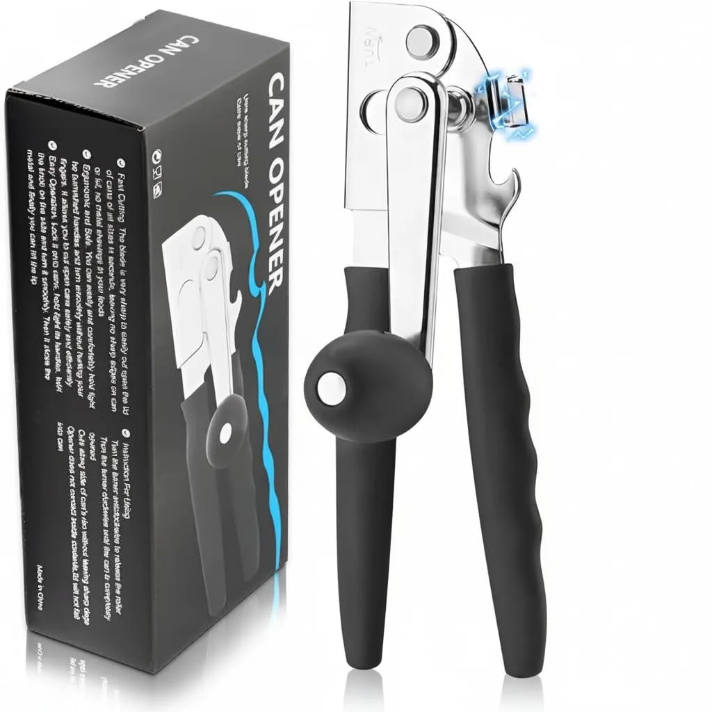 Compact stainless steel electric can opener with smooth-edge blade, magnet lid lift, and soft-grip base