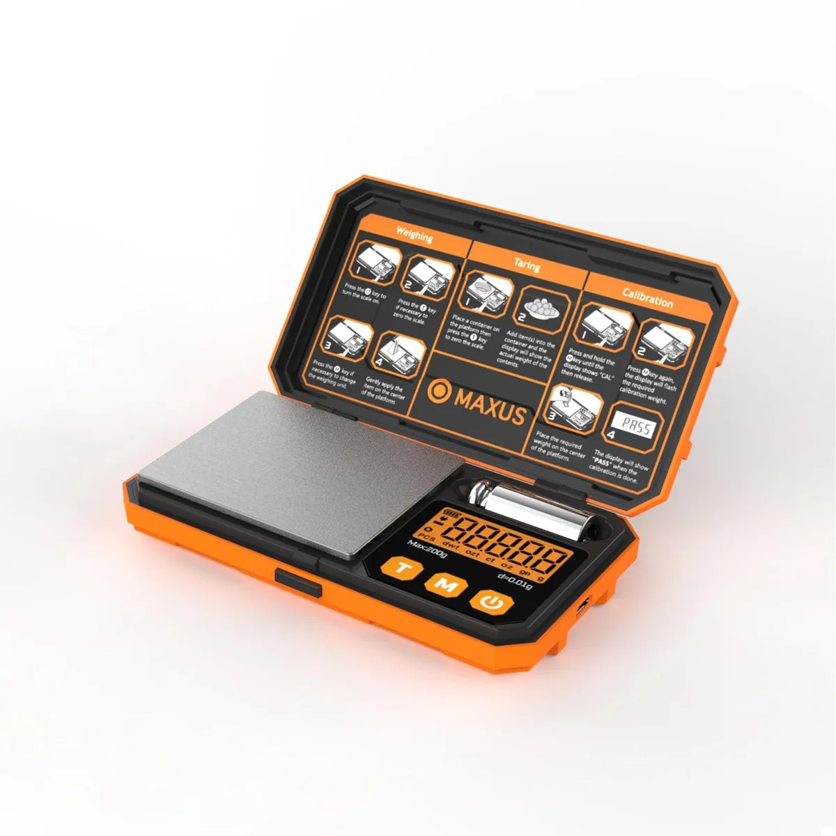 Orange pocket scale with stainless platform, backlit LCD, rubber edges, 50 g weight and USB cable