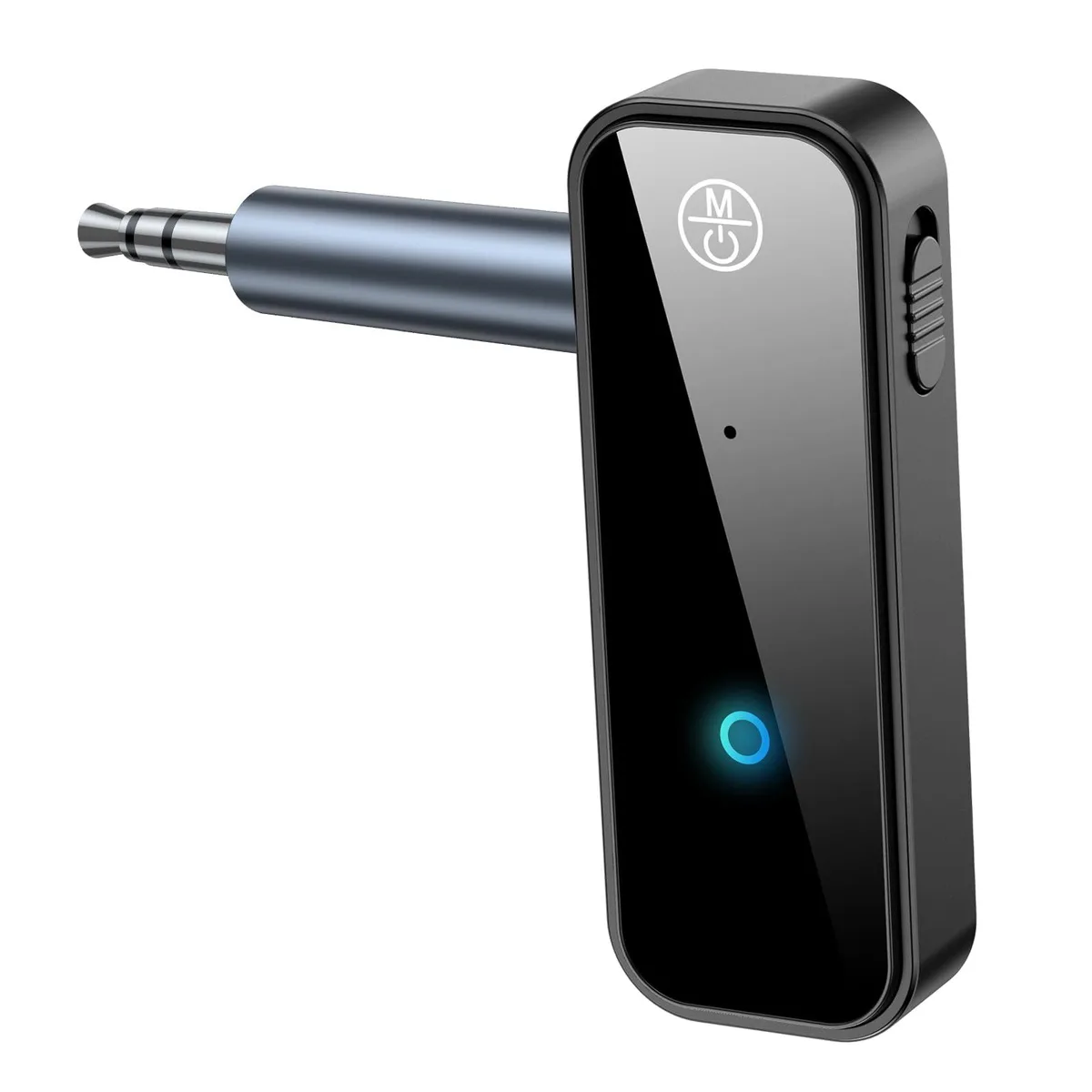 Small black rectangular Bluetooth adapter with 3.5mm plug and single button