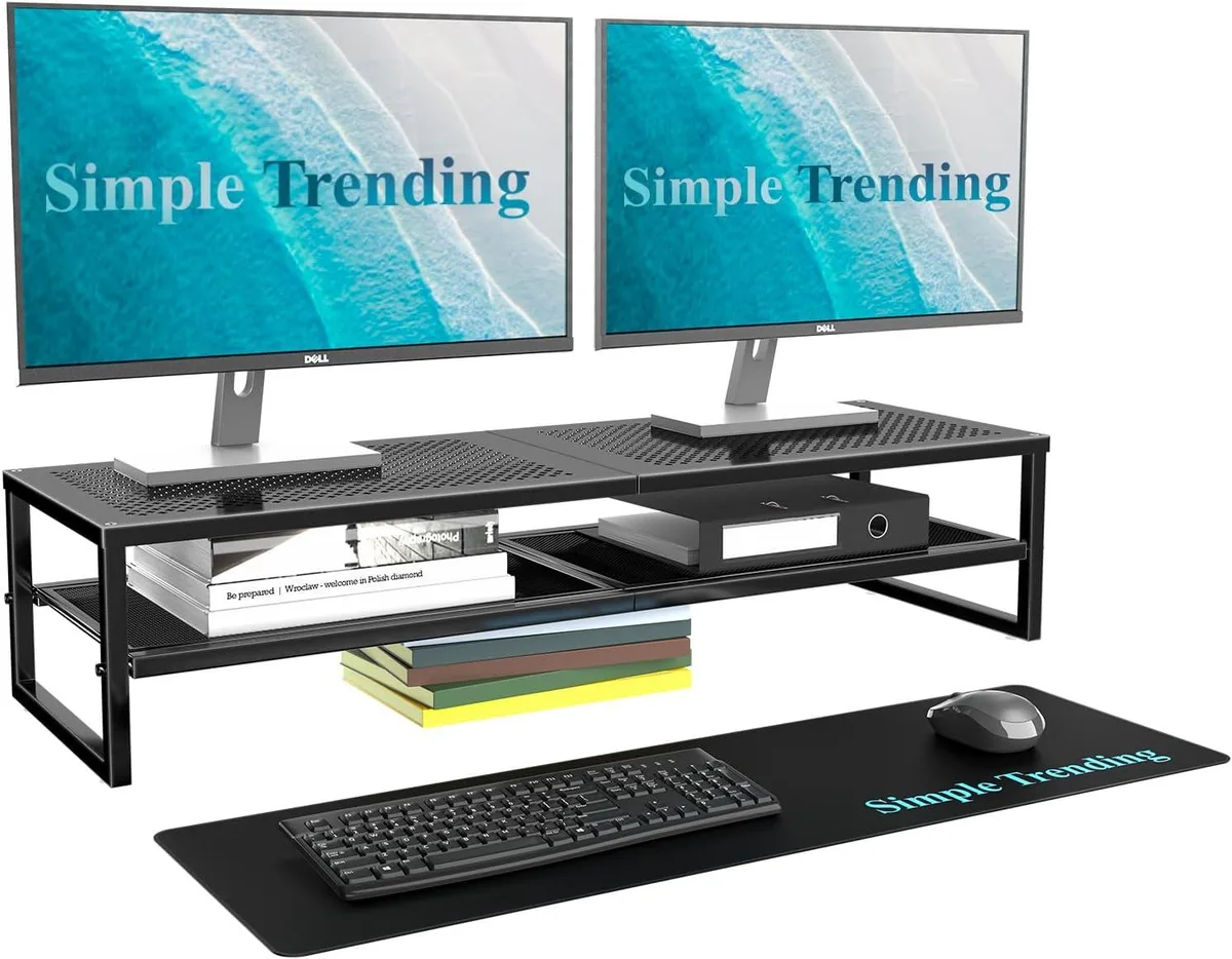 PISKEKAT PISKEKAT 2-Tier Metal Dual Monitor Stand Riser 32x10in with Mouse Pad Black — product photo