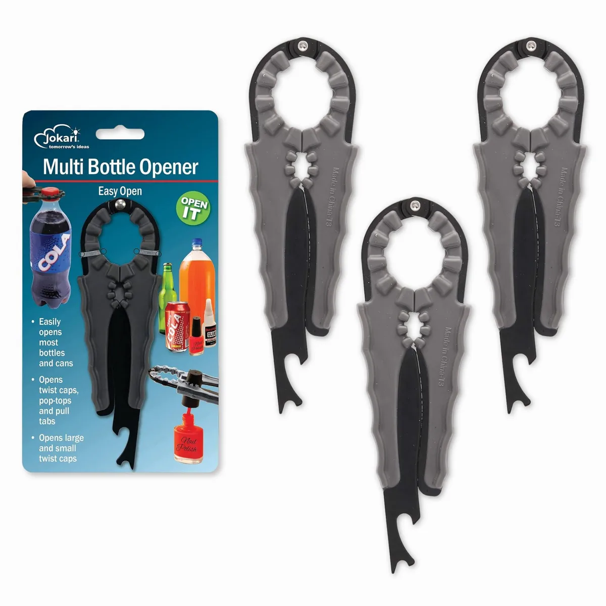 Three flat black plastic openers with textured grip surfaces and notched edges for bottles jars and cans