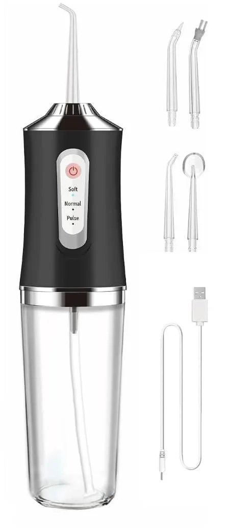 Black rechargeable water flosser with four jet tips and three mode settings