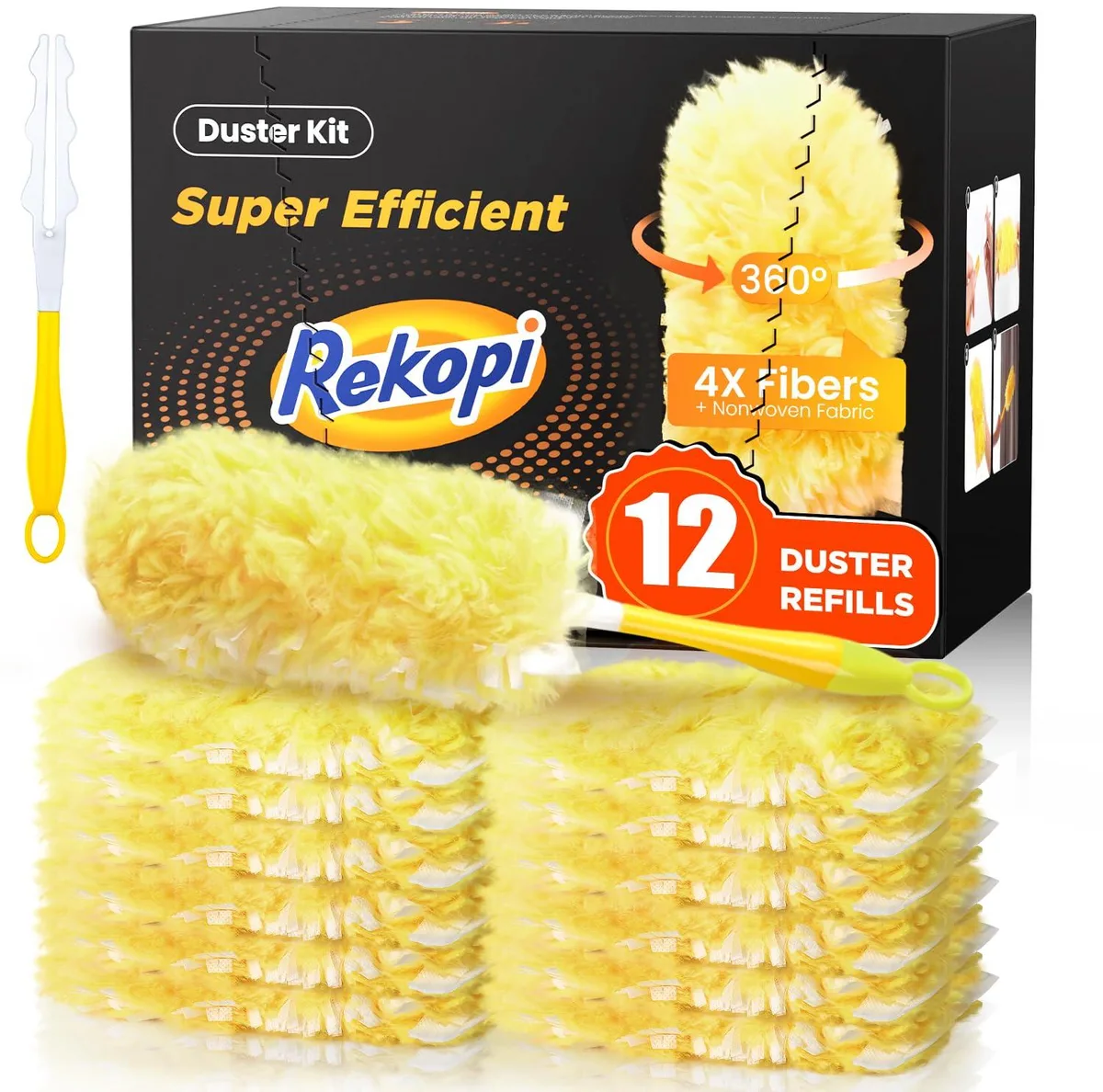 A white plastic handle with twelve fluffy disposable duster heads attached, each showing fine microfibre texture