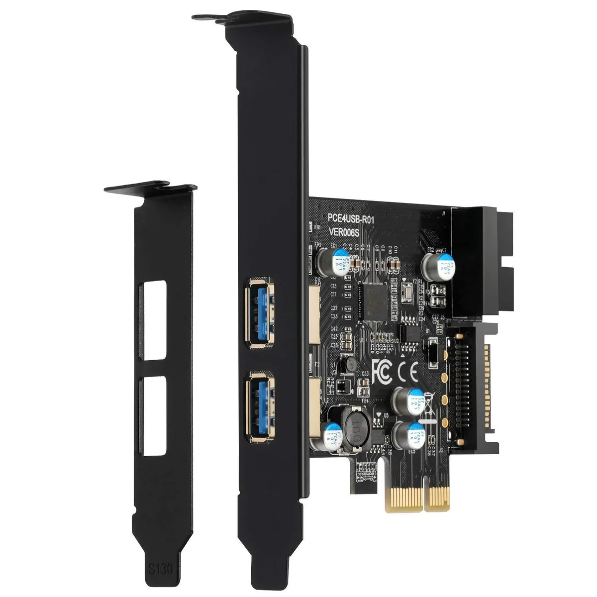 Green PCI-E card with two blue USB-A ports and a 20-pin header