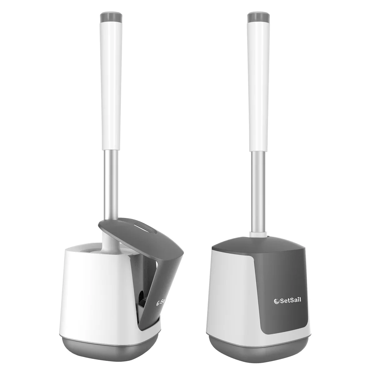 Two white and grey toilet brush sets with self closing lids and long handles