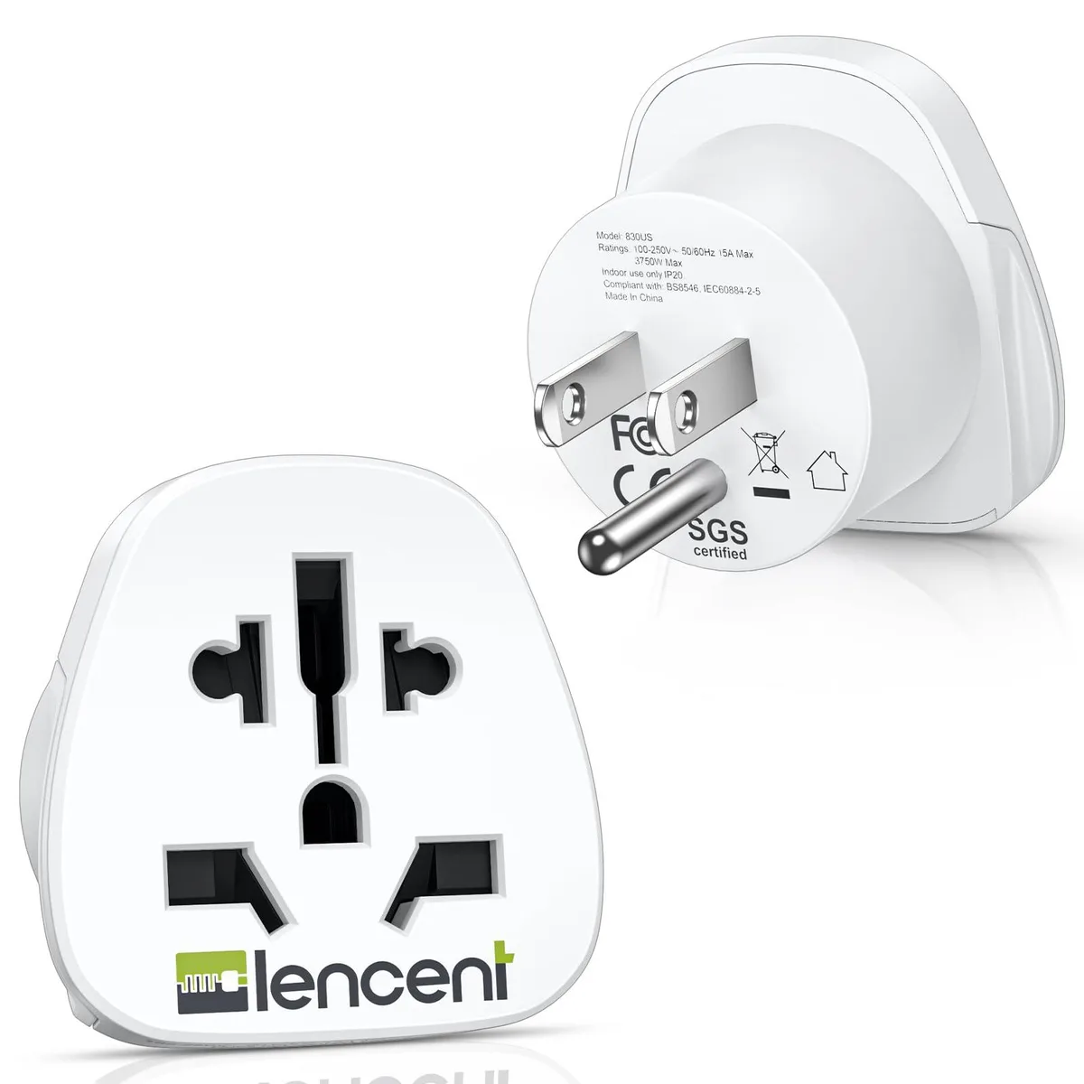 Two white compact travel plug adapters with multiple international socket openings and US prongs