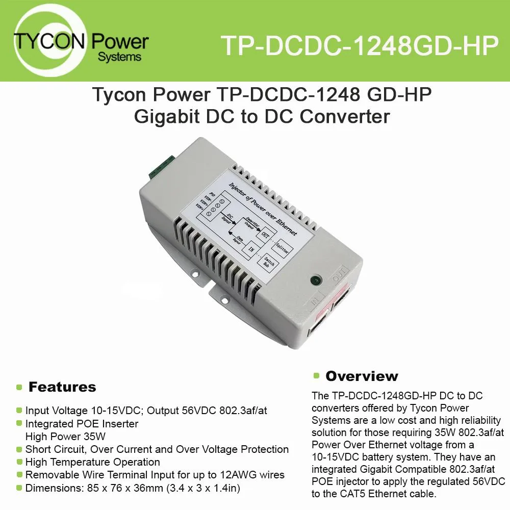 Tycon Power Tycon Power TP-DCDC-1248GD-HP 10-15VDC In 56VDC 802.3af/at Out 35W PoE Injector — product photo