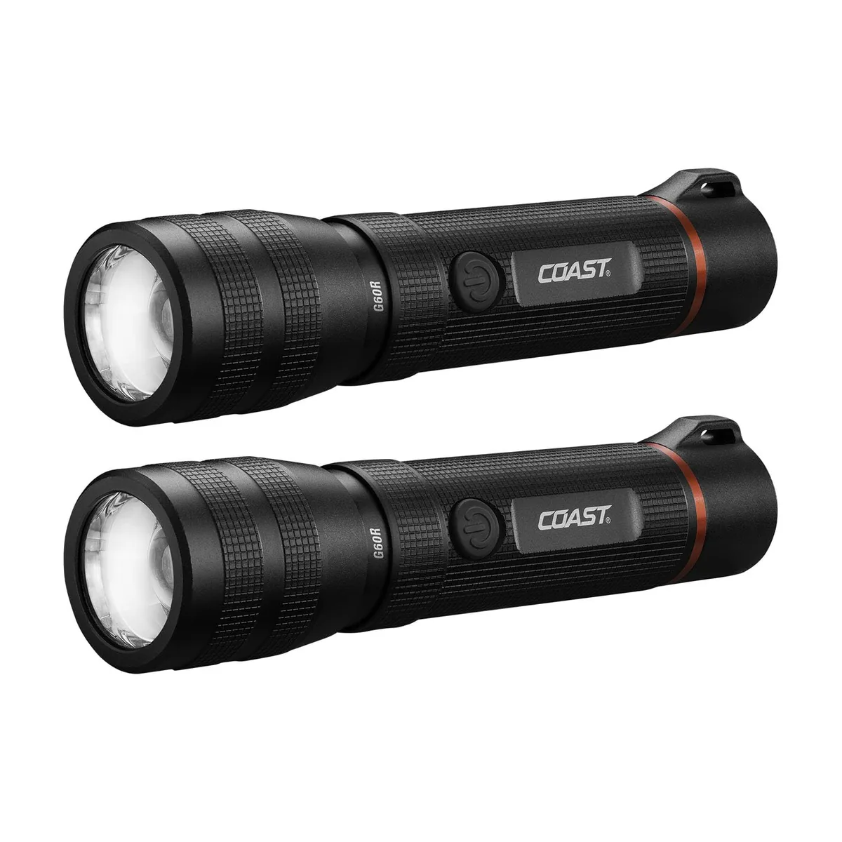 Two cylindrical aluminium flashlights with twist-focus bezels and anti-roll tail caps