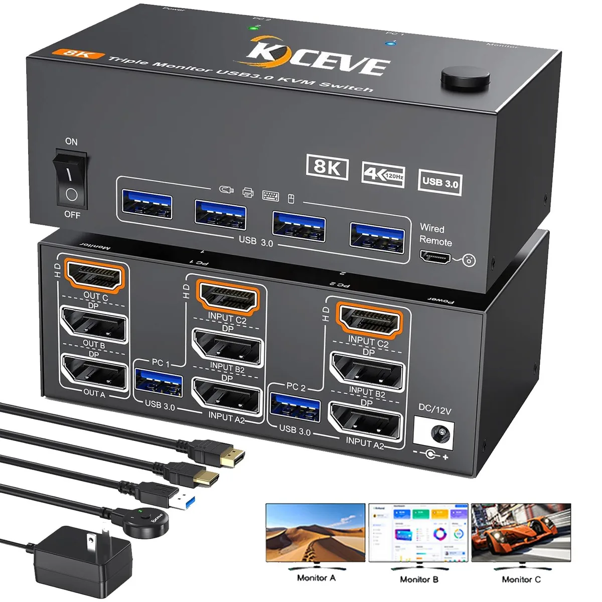 IHDAPP IHDAPP KC-203DH KVM Switch 2 Computers 3 Monitors 8K60 4K144 4 USB 3.0 Wired Remote — product photo