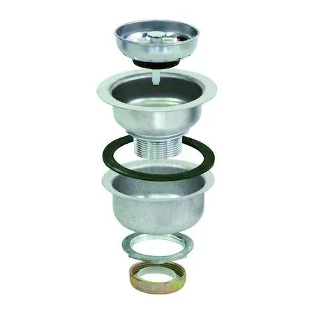 Round stainless steel sink strainer with chrome finish and perforated basket, silver colour