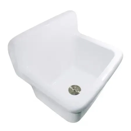 White ceramic wall-mounted utility sink with backsplash and rolled lip