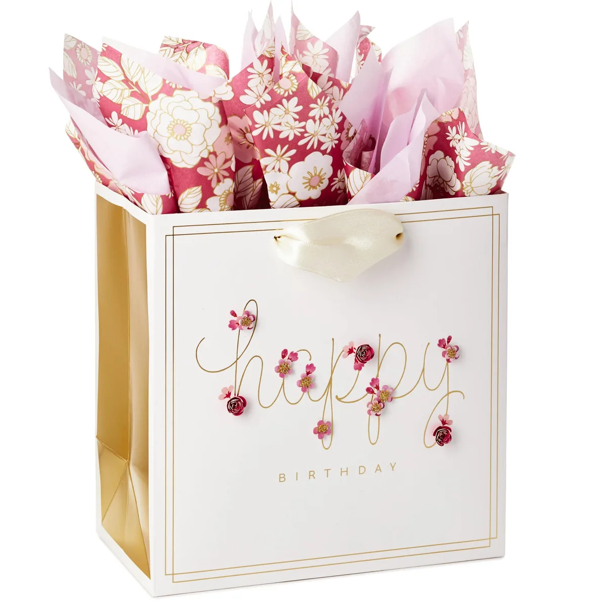 Cream square gift bag with gold foil flowers and satin ribbon handles, 7.7 inches wide