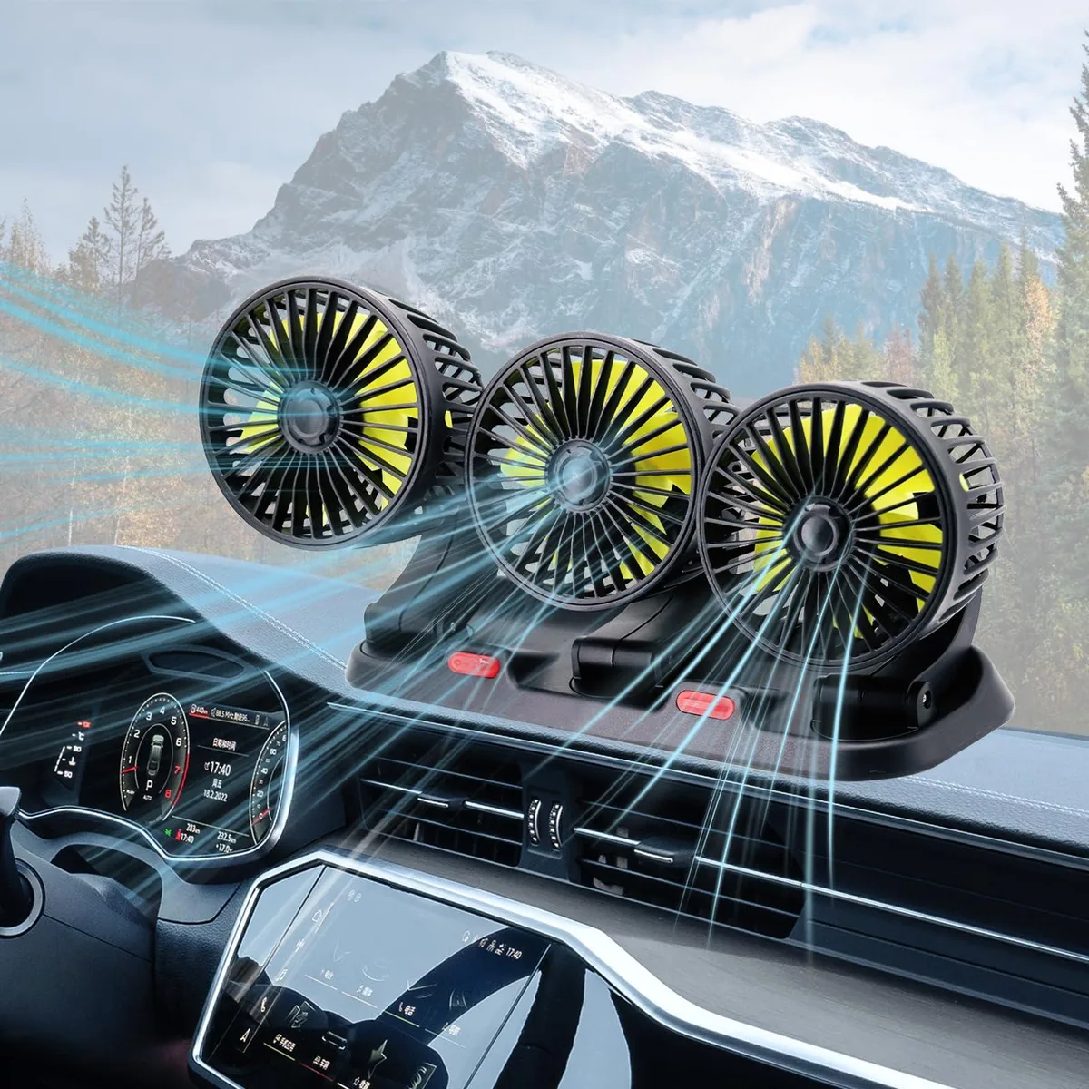 Triple-head 12V car fan with three adjustable heads and 360° rotation, black plastic, dashboard adhesive mount
