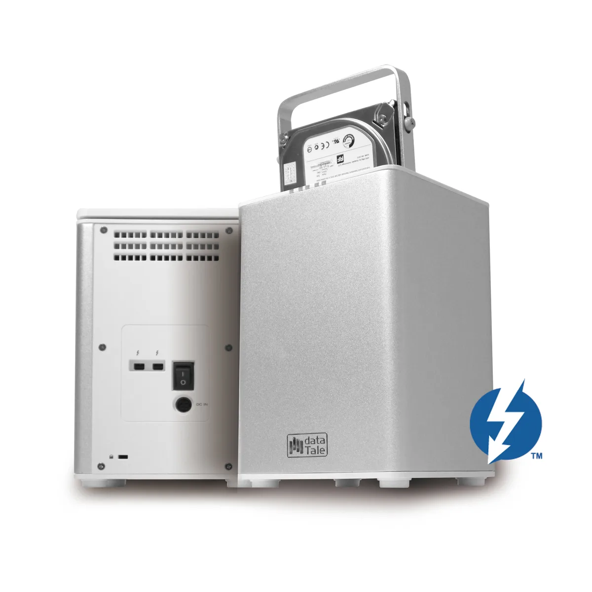 Silver aluminum and plastic two-bay Thunderbolt RAID enclosure with upright drive bays and vented sides