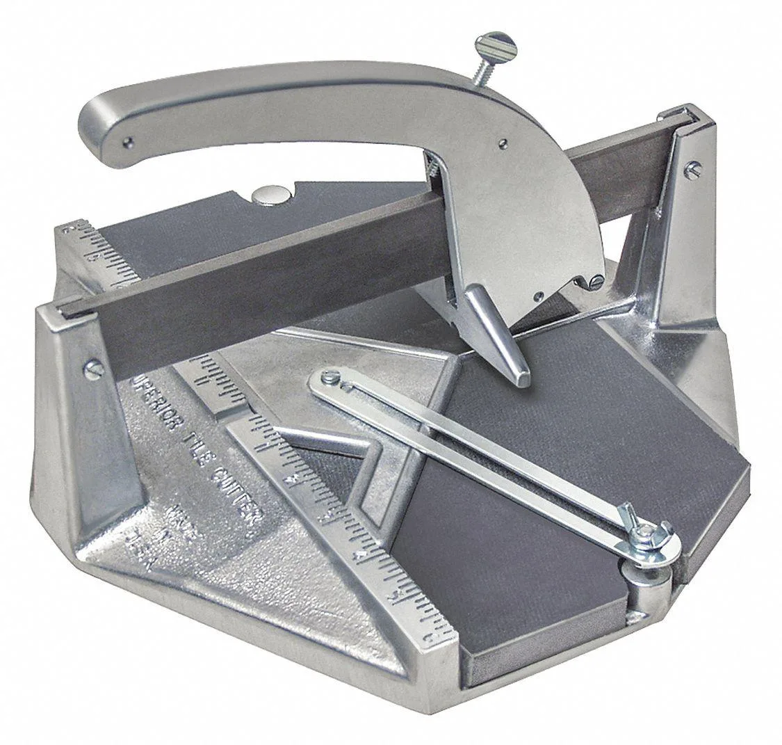 Pair of gray cast-aluminium tile cutters, 12 in square, adjustable angle gauge, spring tension