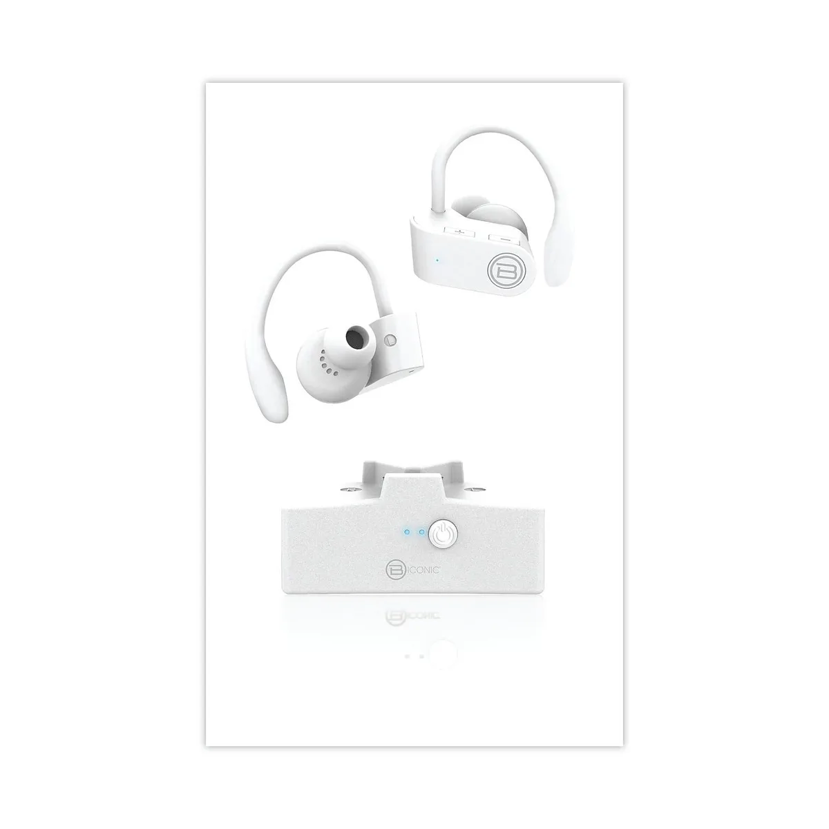 Blue wireless earbuds with built-in microphone and volume controls