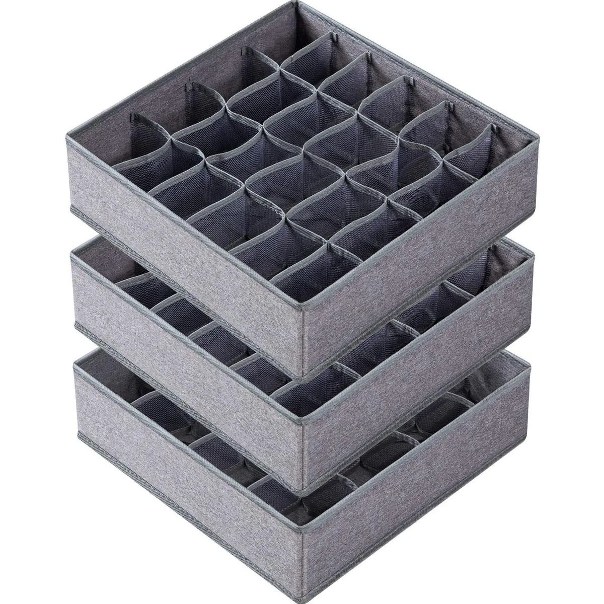 Three gray fabric drawer organizers with 64 total cells in 16, 24 and 24 layout