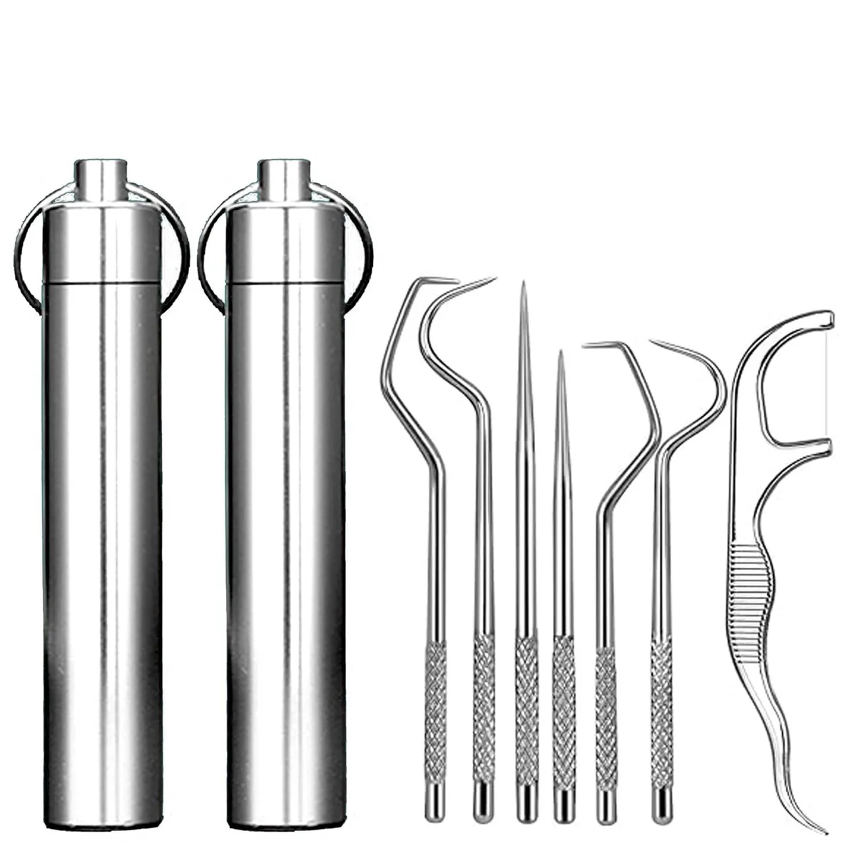 Two stainless steel toothpick sets with holders, silver finish
