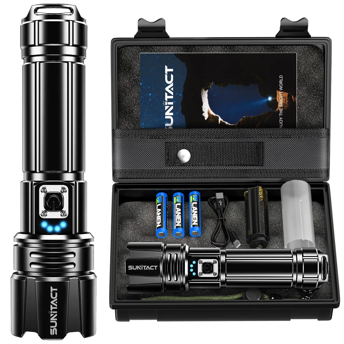 Black cylindrical aluminium flashlight, 7.09 inches long, USB-C rechargeable