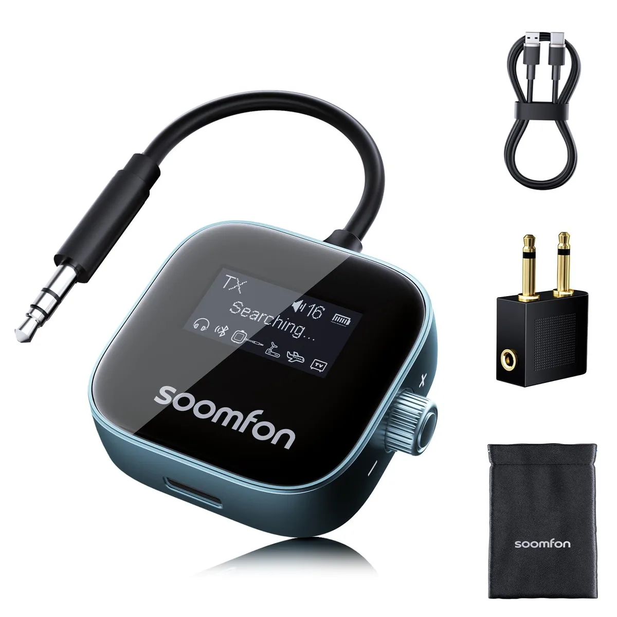 Small rectangular Bluetooth 5.3 transmitter receiver with LCD display and 3.5mm AUX port